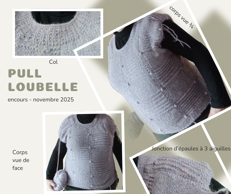 vue col, jonction d'épaules, et corps vu de 3/4 et de face du pull Loubelle en cours de réalisation